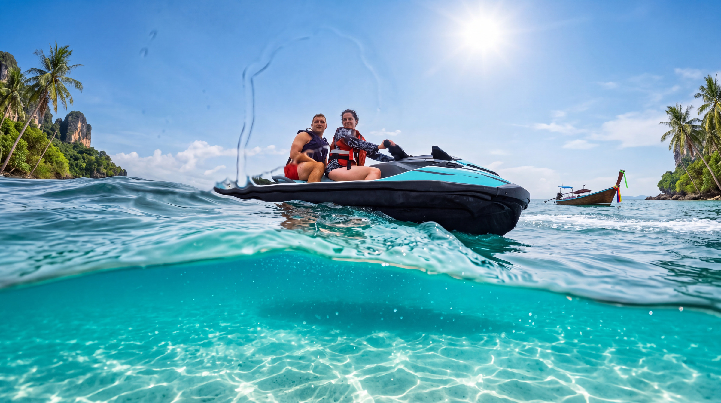 Couple on a jet ski, the frame half below the clear water