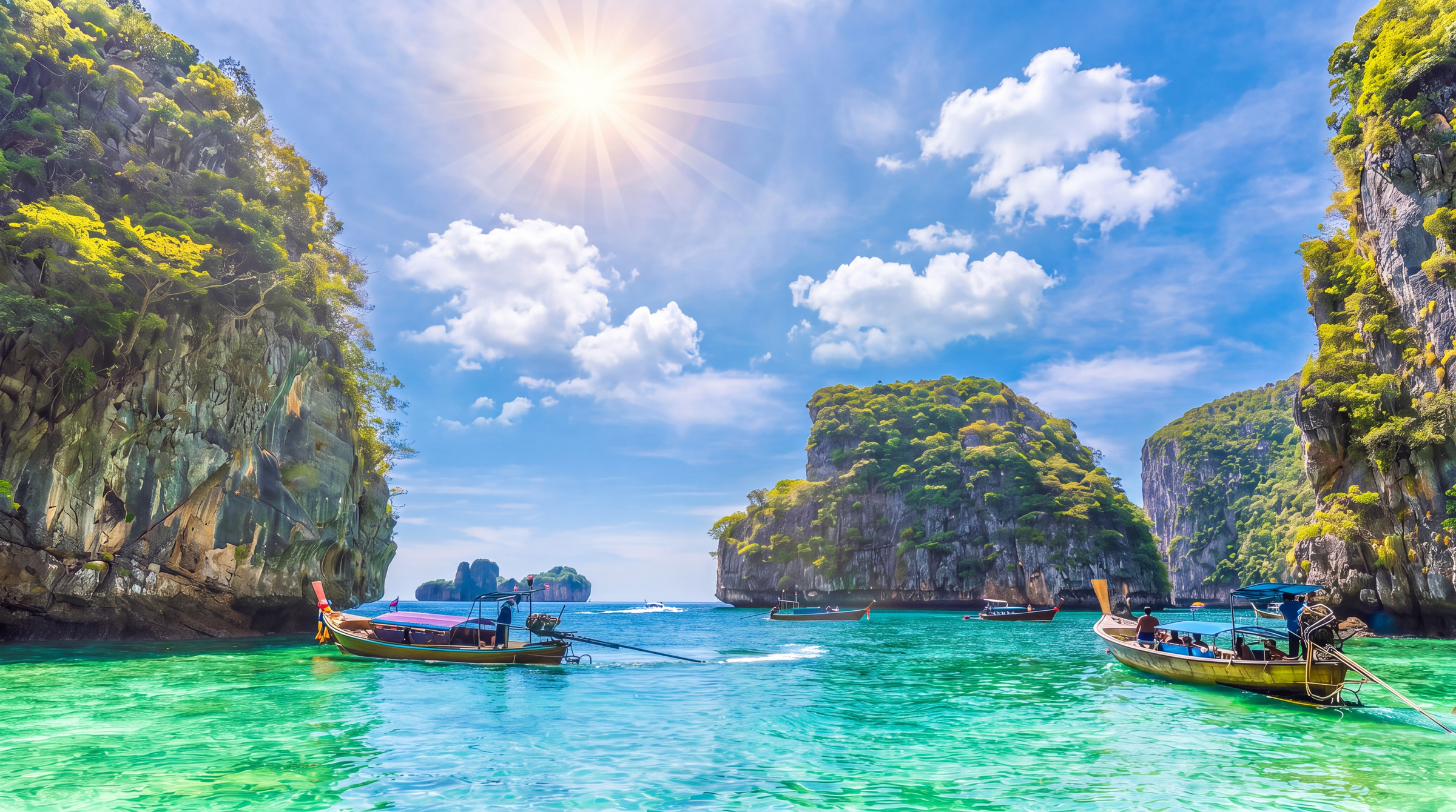 Cliff-ringed bay with wooden longtail boats on turquoise water