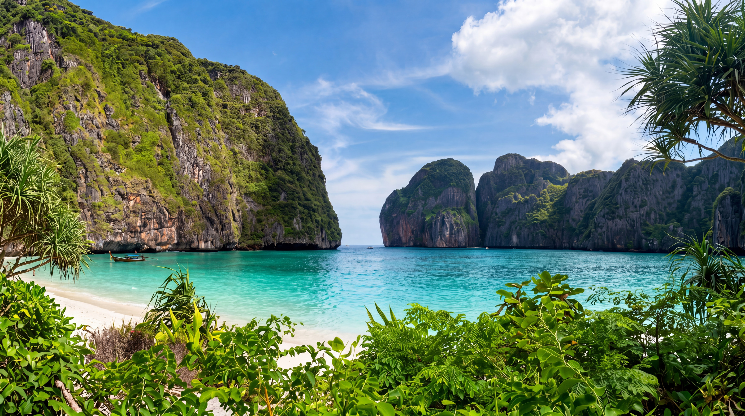 Empty white beach of Maya Bay inside a ring of limestone cliffs