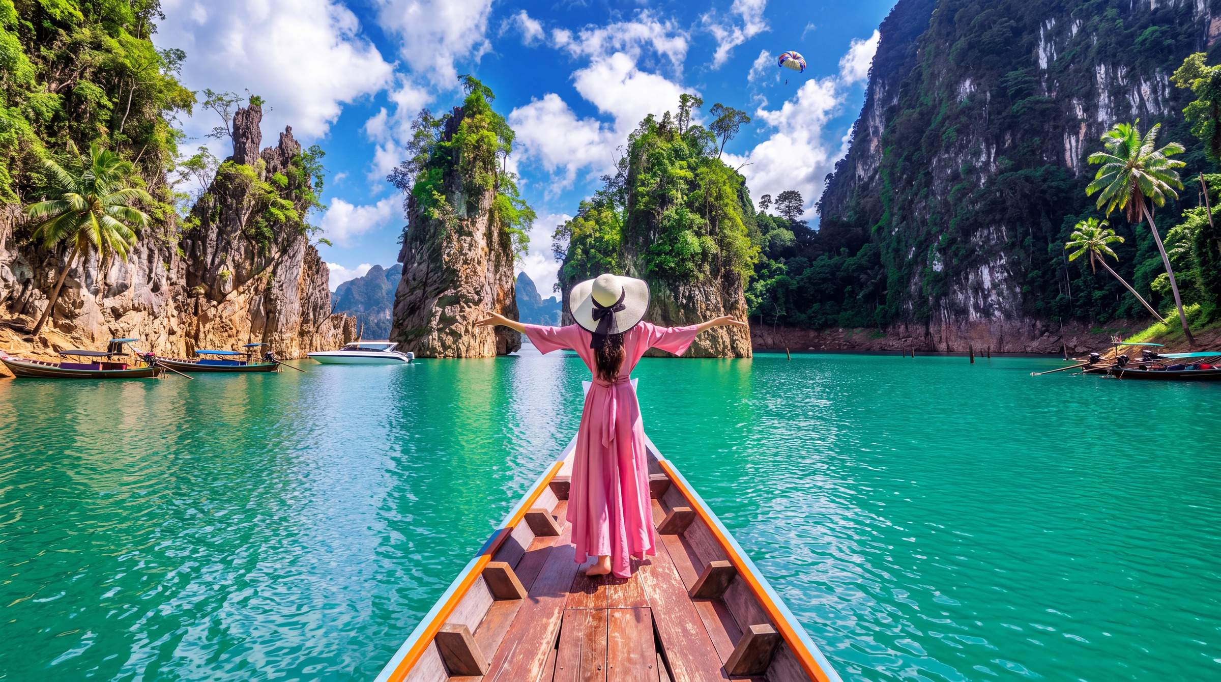 Woman on the bow of a longtail among the cliffs and emerald water of Khao Sok
