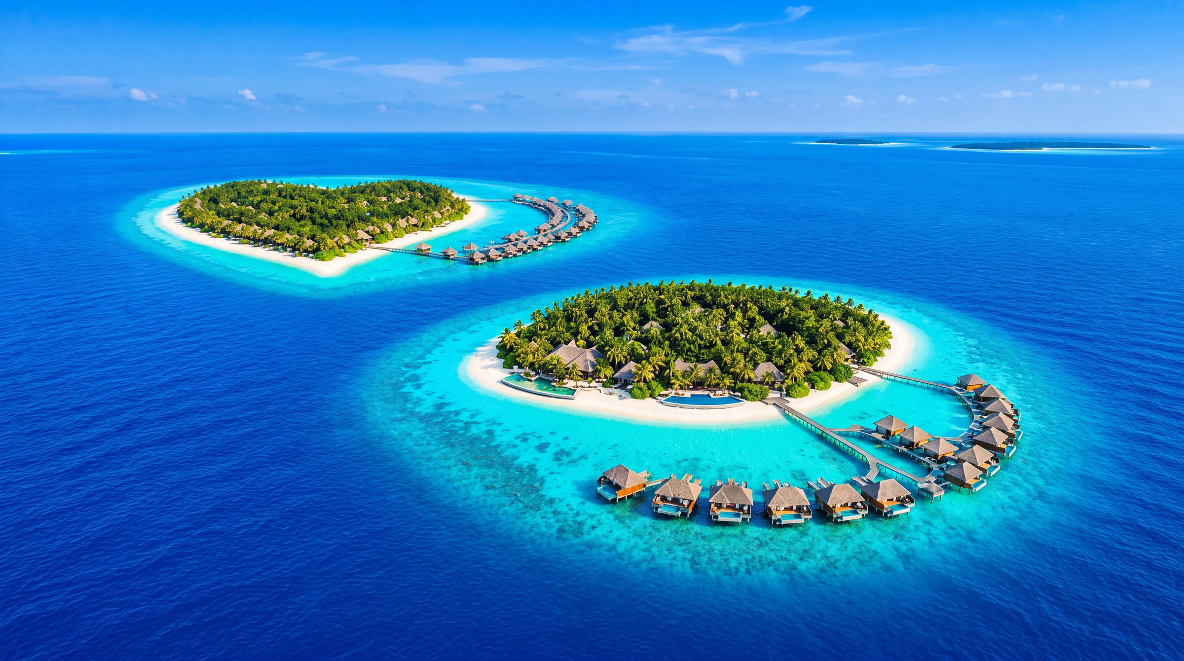 Tropical islands with over-water bungalows seen from above