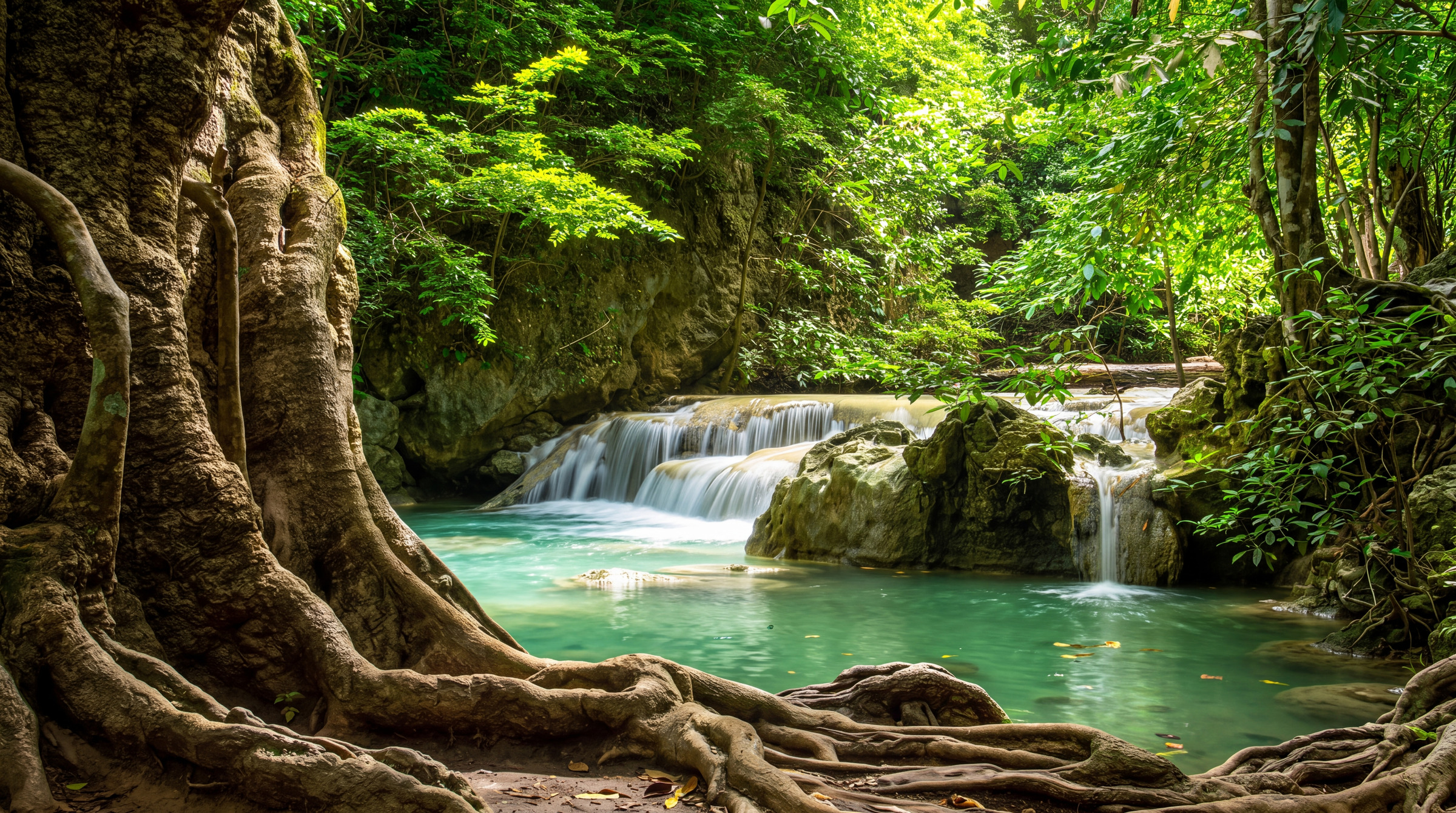 Jungle waterfall with a clear emerald pool